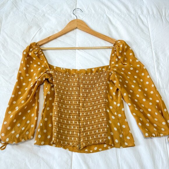 NWOT Reformation Grove Top Mustard Polka Dot Puff Sleeve Blouse Size 6 - Picture 5 of 7